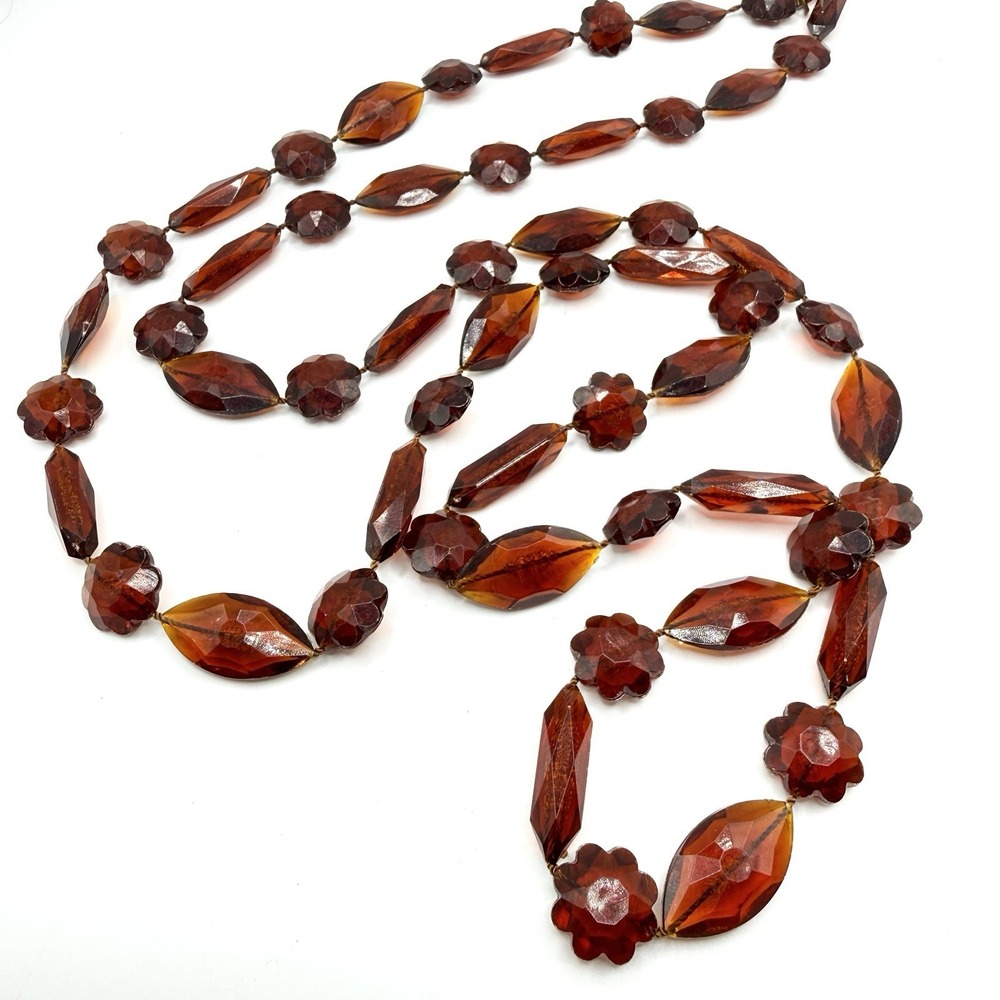 Vintage Honey Brown Acrylic Resin Flower Repeating‎ Pattern Necklace 50" Long